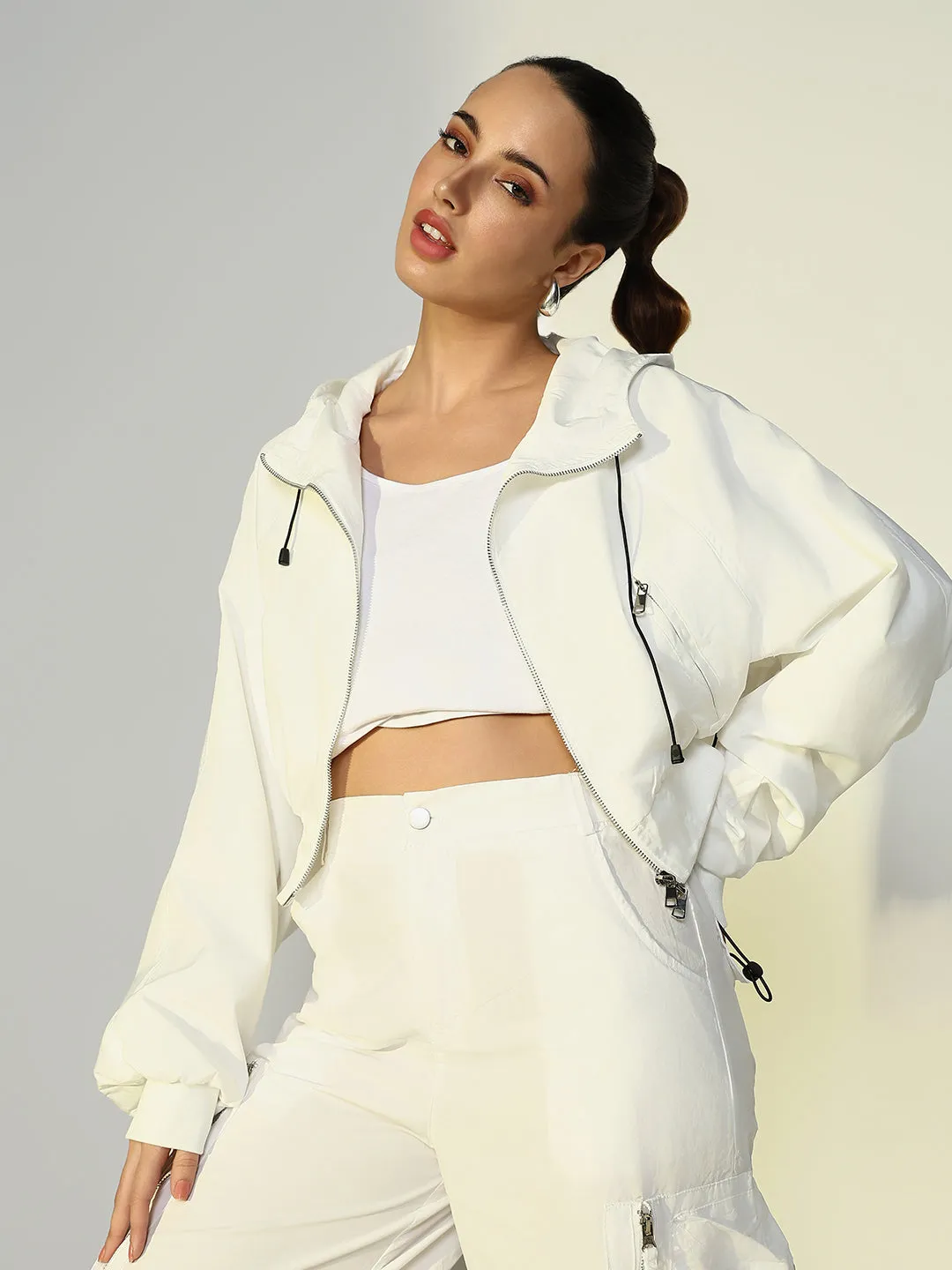 SHOWOFFFF Edition Women's White Short Oversized Bomber Jacket with Zip Detail