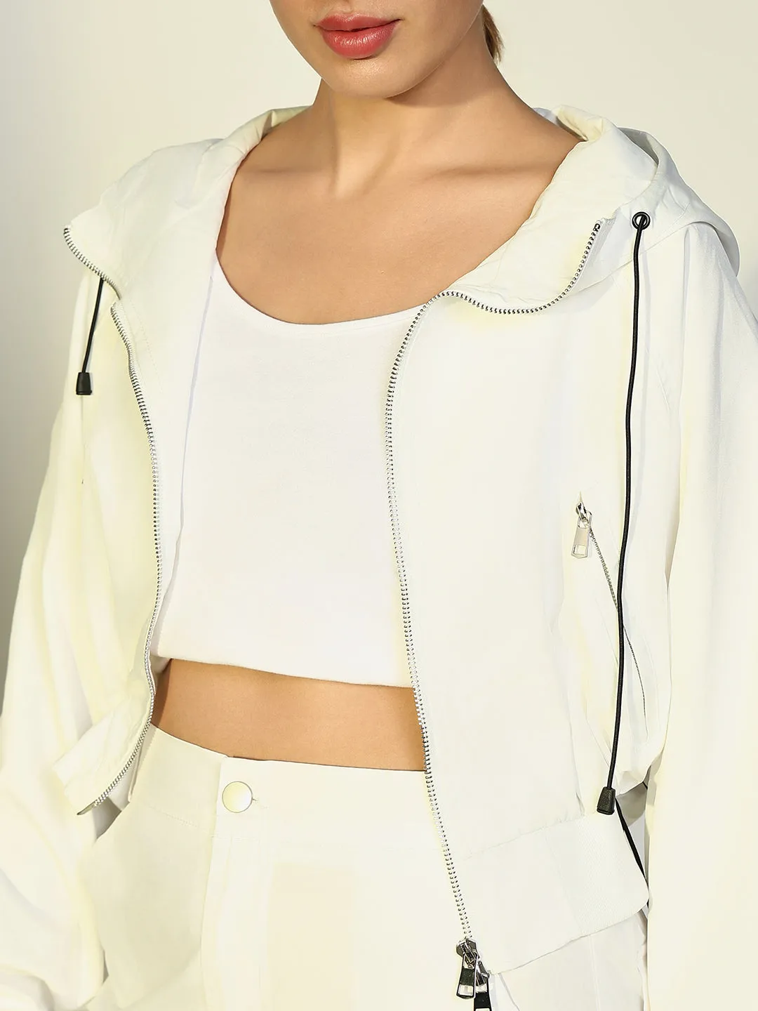 SHOWOFFFF Edition Women's White Short Oversized Bomber Jacket with Zip Detail
