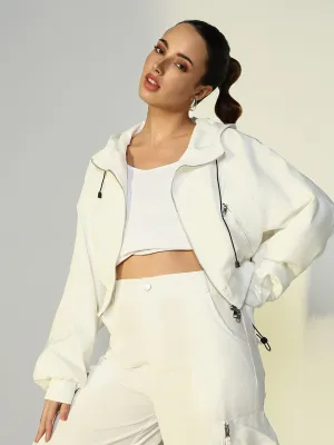 SHOWOFFFF Edition Women's White Short Oversized Bomber Jacket with Zip Detail