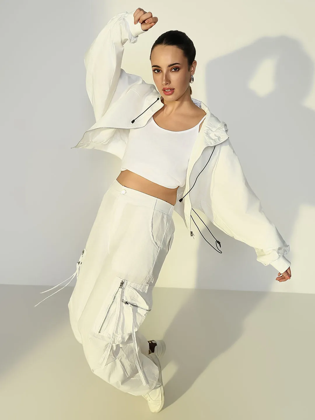 SHOWOFFFF Edition Women's White Short Oversized Bomber Jacket with Zip Detail