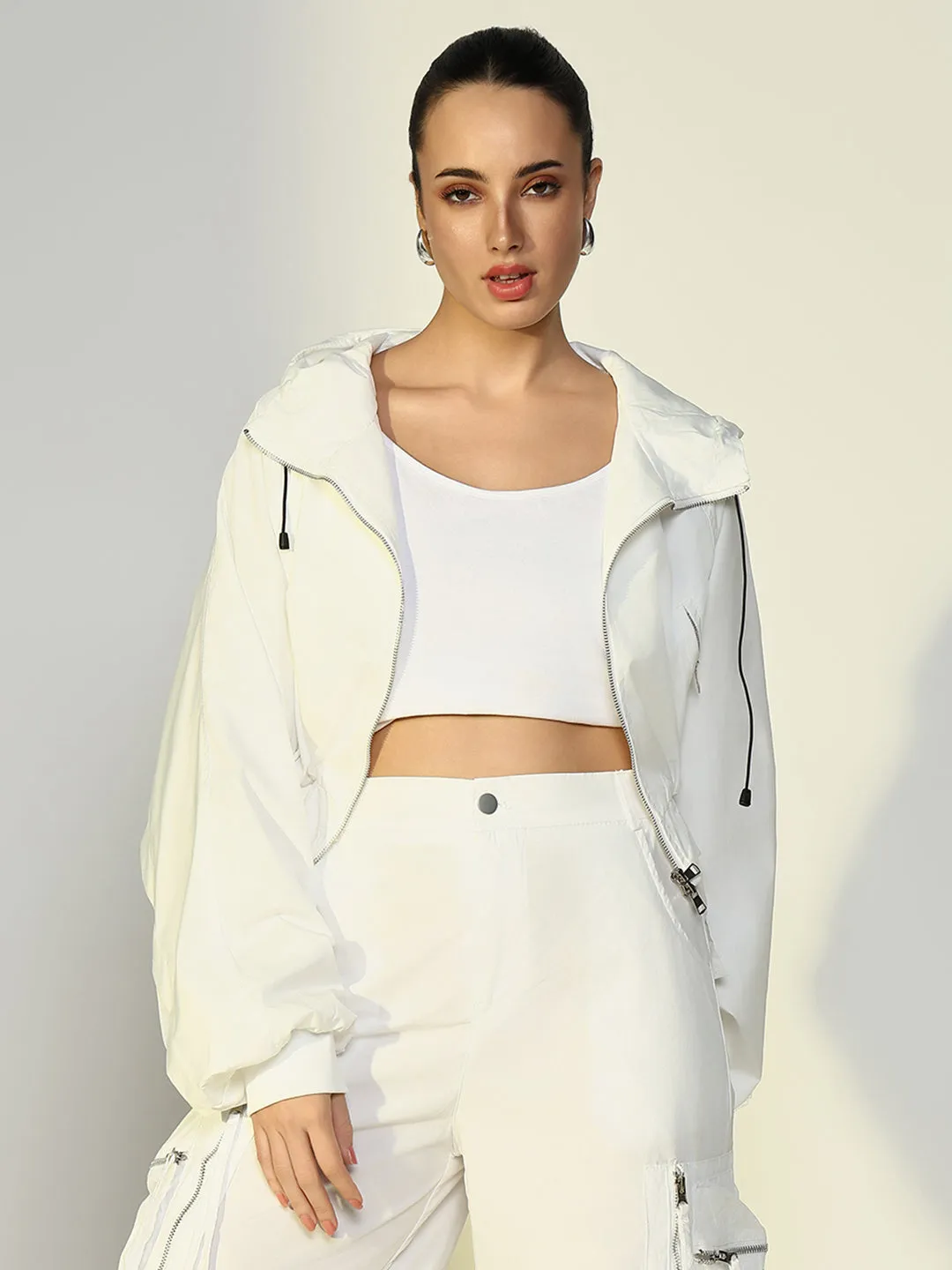 SHOWOFFFF Edition Women's White Short Oversized Bomber Jacket with Zip Detail
