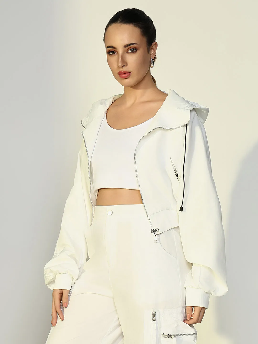 SHOWOFFFF Edition Women's White Short Oversized Bomber Jacket with Zip Detail
