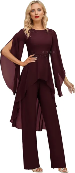 SIPUHK 2 Pieces Pant Suits for Women Dressy Lace Applique Chiffon Bell Sleeve Mother of The Bride Pantsuits for Wedding Guest