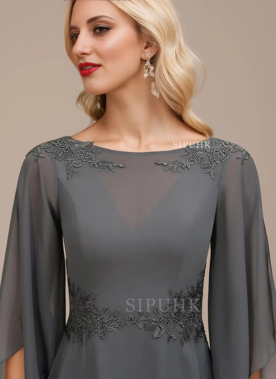 SIPUHK 2 Pieces Pant Suits for Women Dressy Lace Applique Chiffon Bell Sleeve Mother of The Bride Pantsuits for Wedding Guest