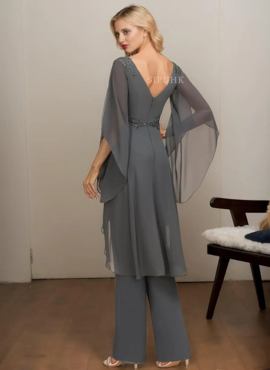 SIPUHK 2 Pieces Pant Suits for Women Dressy Lace Applique Chiffon Bell Sleeve Mother of The Bride Pantsuits for Wedding Guest