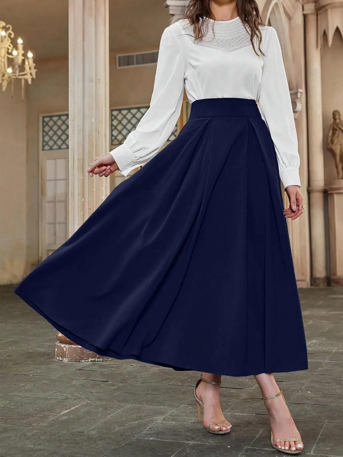Skirts for Women Trendy Summer 2025 High Waist Pleated Solid Color A Line Midi Skirt