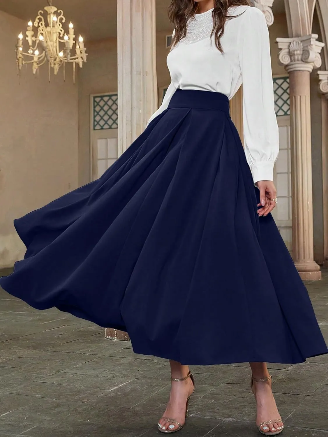 Skirts for Women Trendy Summer 2025 High Waist Pleated Solid Color A Line Midi Skirt