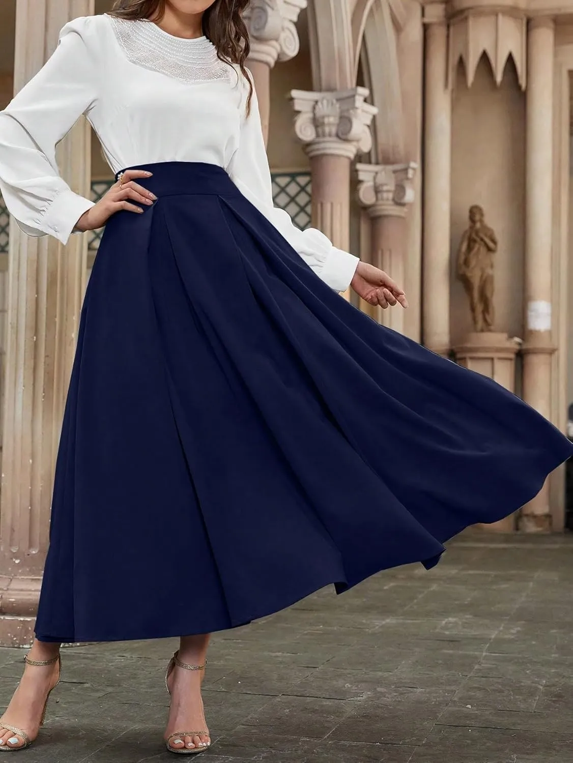Skirts for Women Trendy Summer 2025 High Waist Pleated Solid Color A Line Midi Skirt