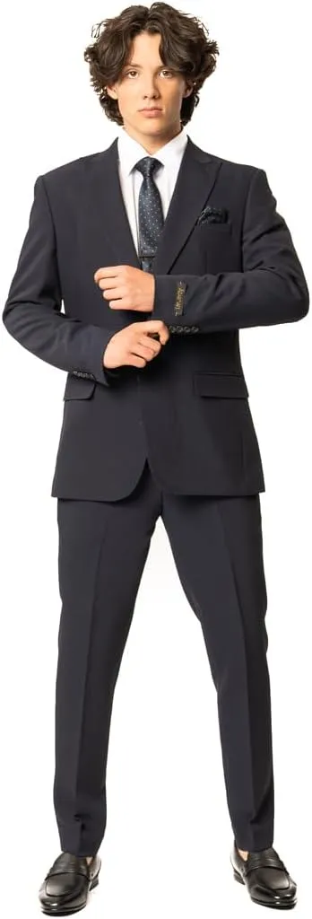 Slim Fit Men Suit Stretchy Spandex Peak Lapel 2 Button Flat Front Pants 9936