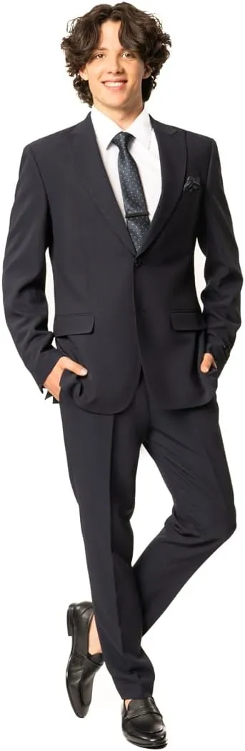 Slim Fit Men Suit Stretchy Spandex Peak Lapel 2 Button Flat Front Pants 9936