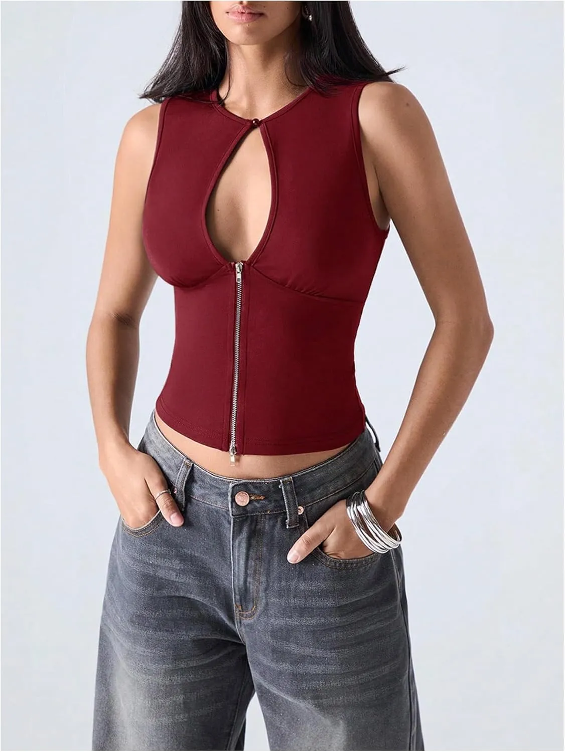 SOLY HUX Women's Cut Out Half Zip Tank Top Sleeveless Crew Neck Y2k Going Out Crop Tops