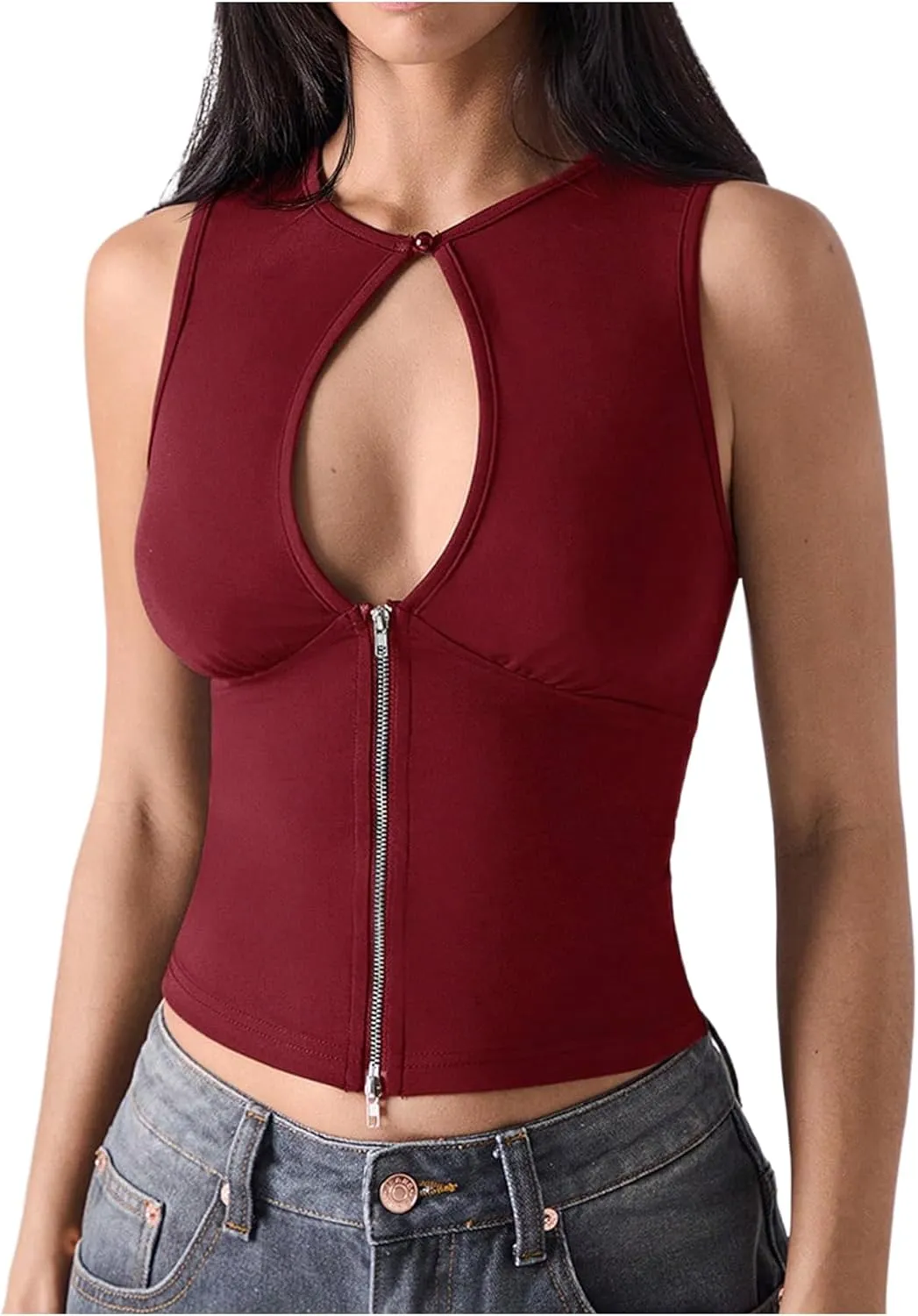 SOLY HUX Women's Cut Out Half Zip Tank Top Sleeveless Crew Neck Y2k Going Out Crop Tops