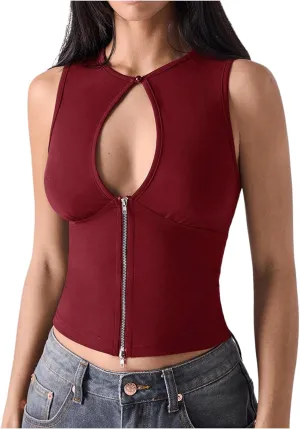 SOLY HUX Women's Cut Out Half Zip Tank Top Sleeveless Crew Neck Y2k Going Out Crop Tops