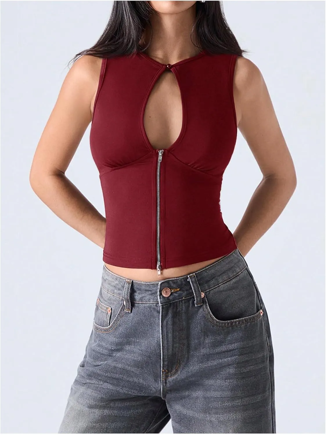 SOLY HUX Women's Cut Out Half Zip Tank Top Sleeveless Crew Neck Y2k Going Out Crop Tops