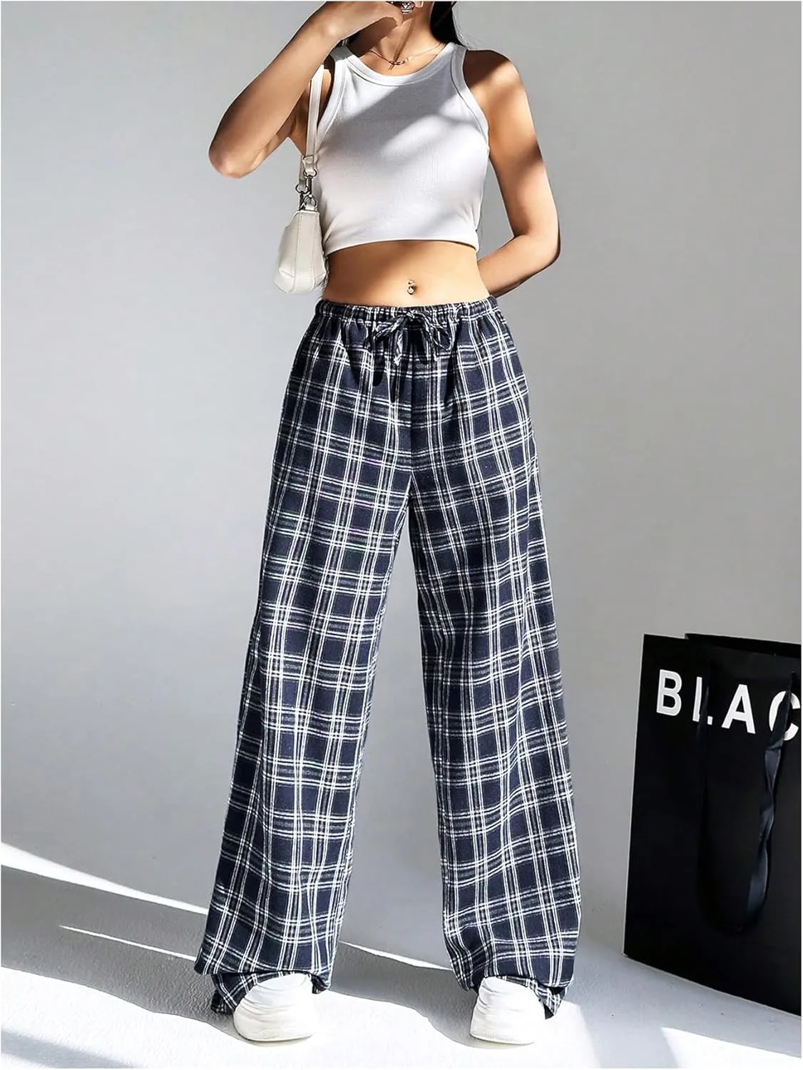 SOLY HUX Women's Plaid Print Straight Leg Trousers Drawstring High Waist Lounge Pants Casual Loose Long Pants