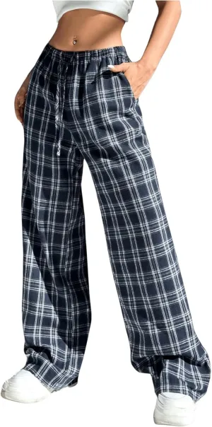 SOLY HUX Women's Plaid Print Straight Leg Trousers Drawstring High Waist Lounge Pants Casual Loose Long Pants