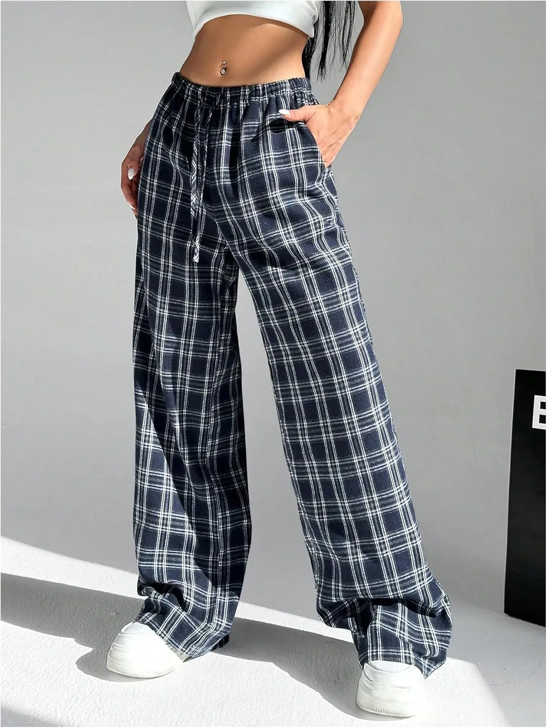 SOLY HUX Women's Plaid Print Straight Leg Trousers Drawstring High Waist Lounge Pants Casual Loose Long Pants