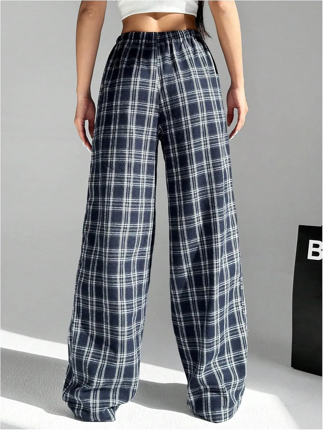 SOLY HUX Women's Plaid Print Straight Leg Trousers Drawstring High Waist Lounge Pants Casual Loose Long Pants