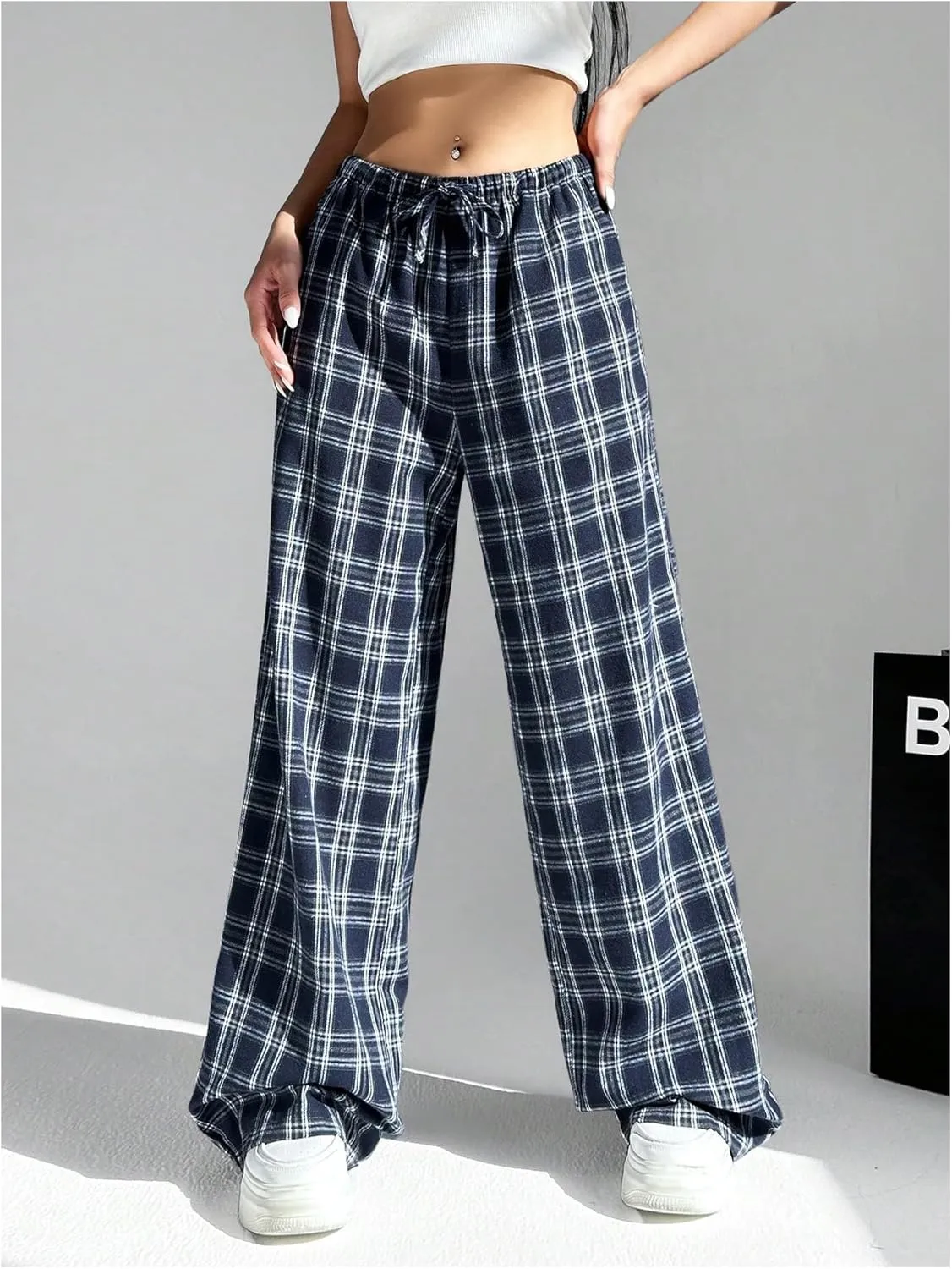 SOLY HUX Women's Plaid Print Straight Leg Trousers Drawstring High Waist Lounge Pants Casual Loose Long Pants