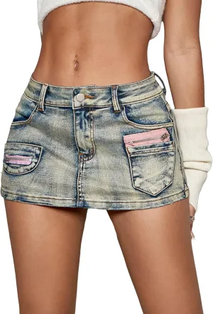SOLY HUX Women's Y2k Skirt Low Rise Mini Bodycon Cargo Denim Jean Skirt with Pocket
