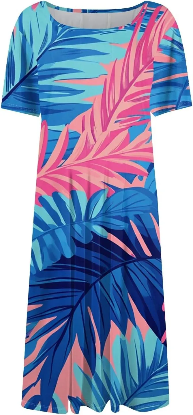 Spring Dresses for Women Floral Beach Round Neck Dresses Short Sleeve T Shirt Sundresses with Pockets 2025 Hawaiian Vacation