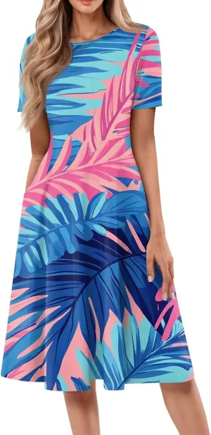 Spring Dresses for Women Floral Beach Round Neck Dresses Short Sleeve T Shirt Sundresses with Pockets 2025 Hawaiian Vacation