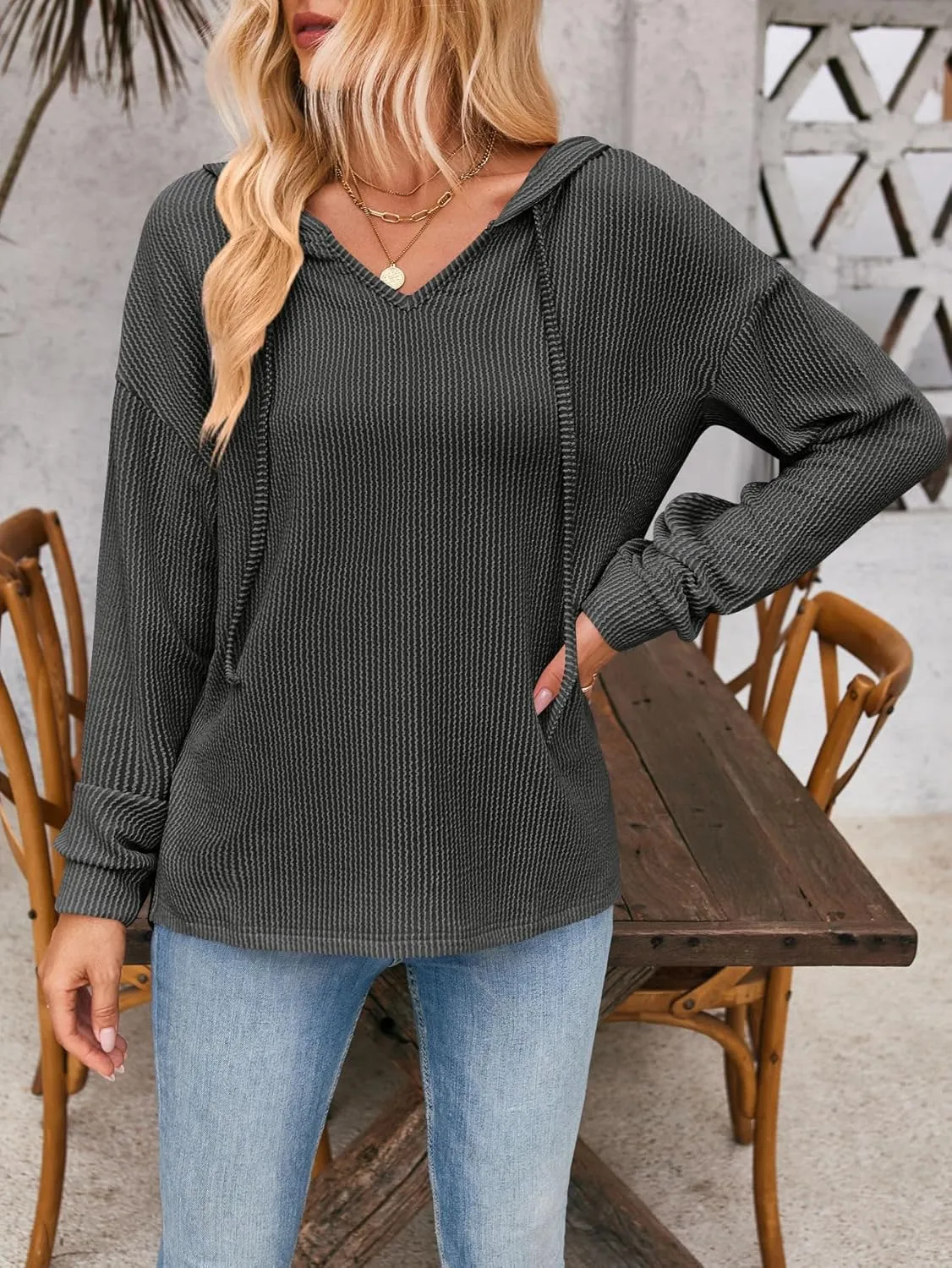 Sumleno 2025 Oversized Hoodies for Women Casual V-Neck Solid Color Long Sleeve Drawstring Sweatshirts Knitted Pullover Tops