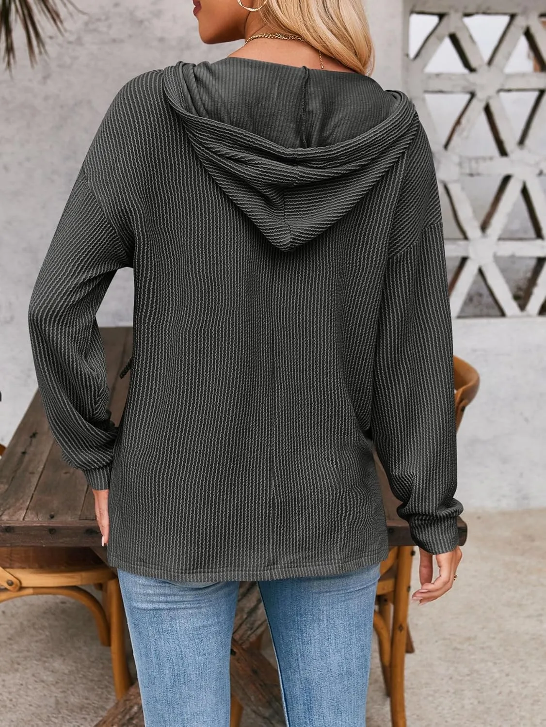 Sumleno 2025 Oversized Hoodies for Women Casual V-Neck Solid Color Long Sleeve Drawstring Sweatshirts Knitted Pullover Tops
