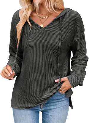 Sumleno 2025 Oversized Hoodies for Women Casual V-Neck Solid Color Long Sleeve Drawstring Sweatshirts Knitted Pullover Tops