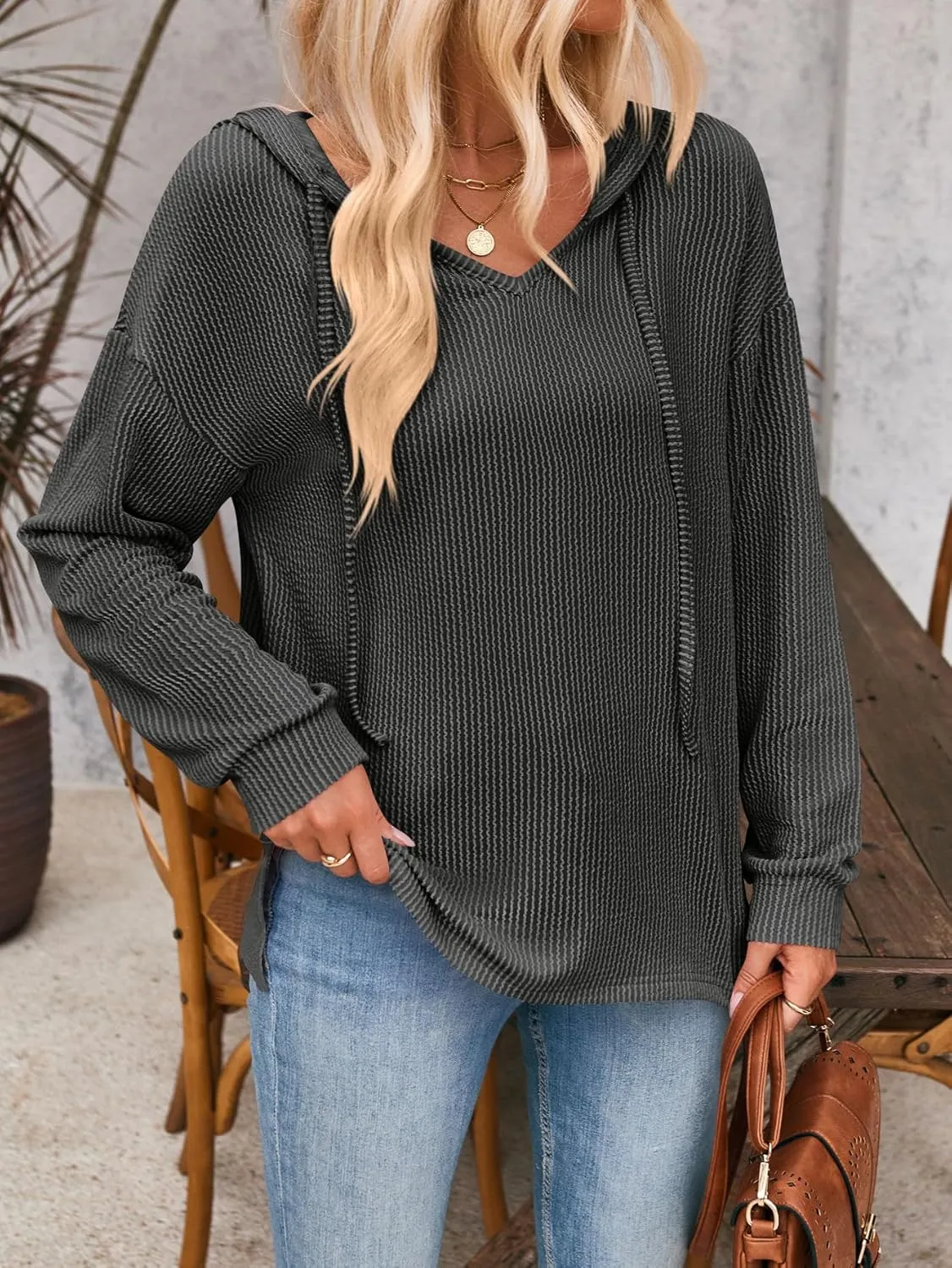 Sumleno 2025 Oversized Hoodies for Women Casual V-Neck Solid Color Long Sleeve Drawstring Sweatshirts Knitted Pullover Tops