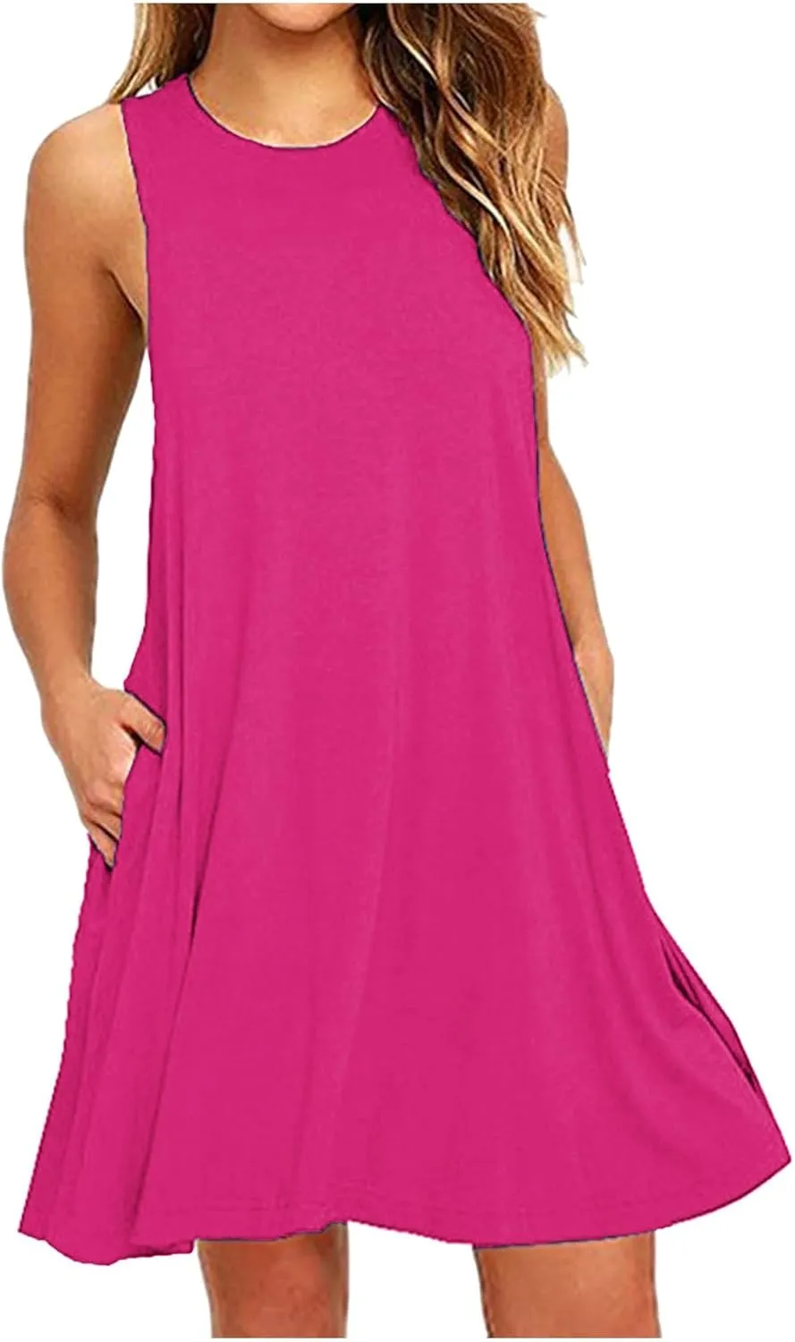 Summer Dresses for Women 2024 Casual Sleeveless Beach Swing Flaral Tank Dress Plain Loose Boho Sundress with Pockets