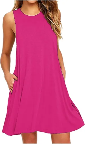 Summer Dresses for Women 2024 Casual Sleeveless Beach Swing Flaral Tank Dress Plain Loose Boho Sundress with Pockets