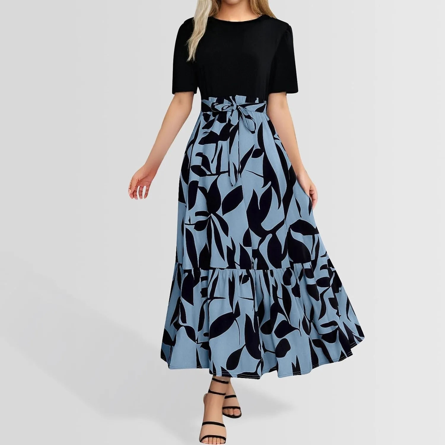 Summer Dresses for Women 2025 Floral Boho Wrap Short Sleeve Maxi Dress Patchwork Ruffle Hem A Line Vacation Dresses