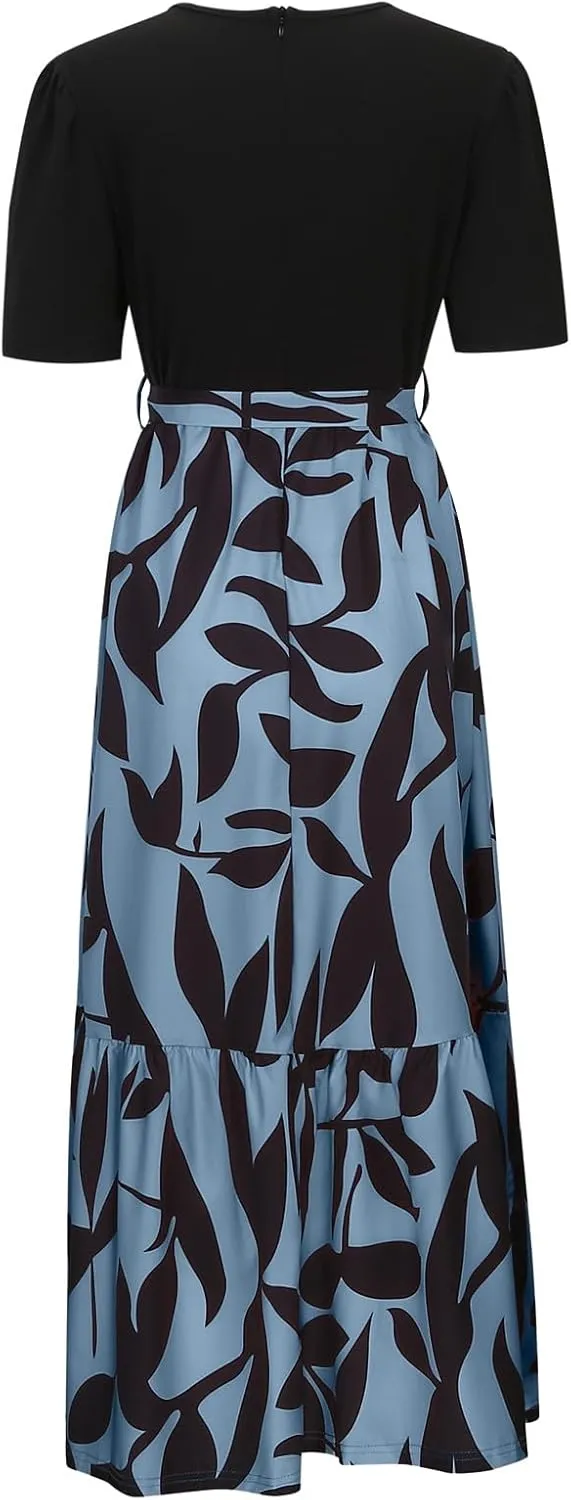 Summer Dresses for Women 2025 Floral Boho Wrap Short Sleeve Maxi Dress Patchwork Ruffle Hem A Line Vacation Dresses