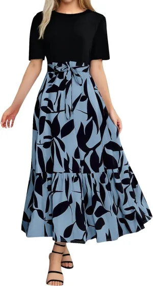 Summer Dresses for Women 2025 Floral Boho Wrap Short Sleeve Maxi Dress Patchwork Ruffle Hem A Line Vacation Dresses