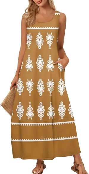 Summer Dresses for Women 2025 Sleeveless Bohemian Maxi Dress with Pockets Floral Print Maxi Sundress Beach Vacation