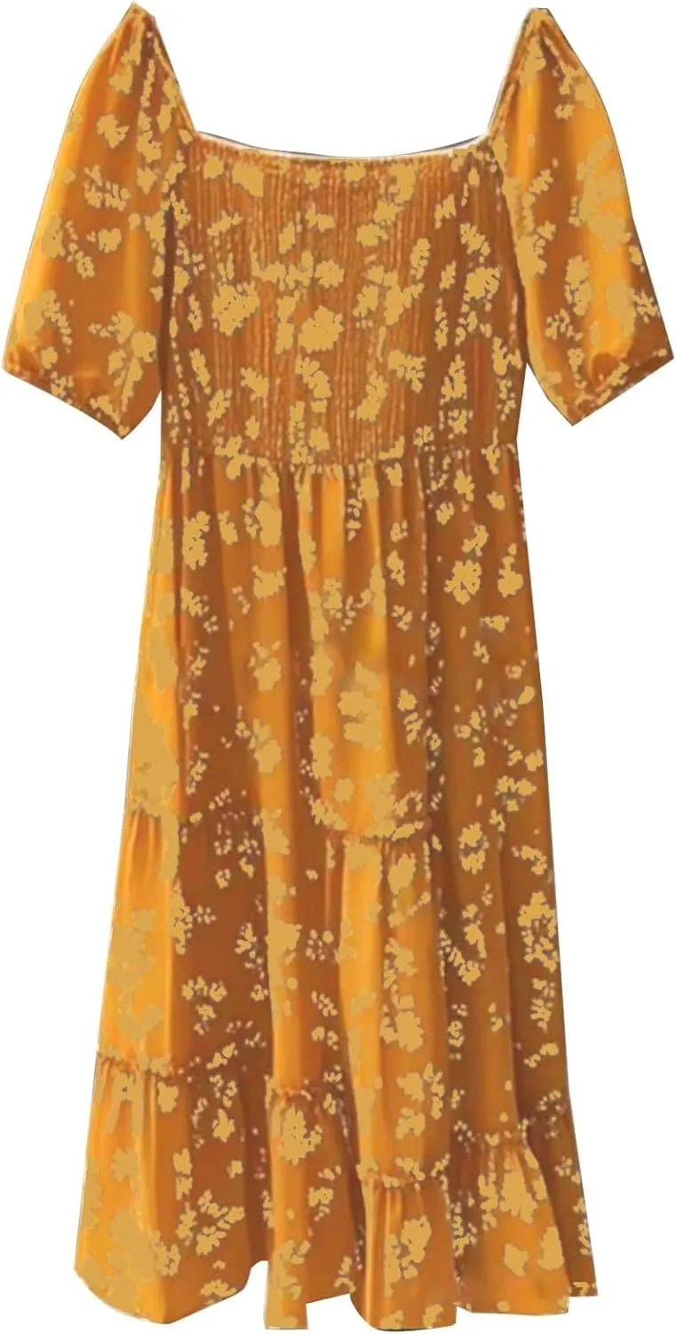 Summer Flower Dresses for Women 2025 Square Neck Puff Short Sleeve Boho Midi Dress Ruffle Beach Vacation A-Line Sundress