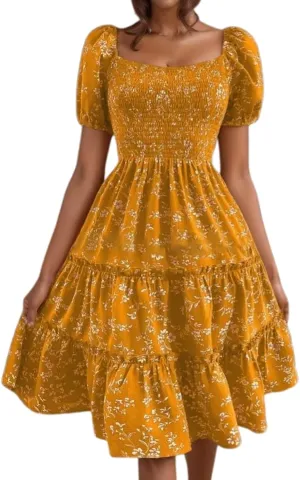 Summer Flower Dresses for Women 2025 Square Neck Puff Short Sleeve Boho Midi Dress Ruffle Beach Vacation A-Line Sundress