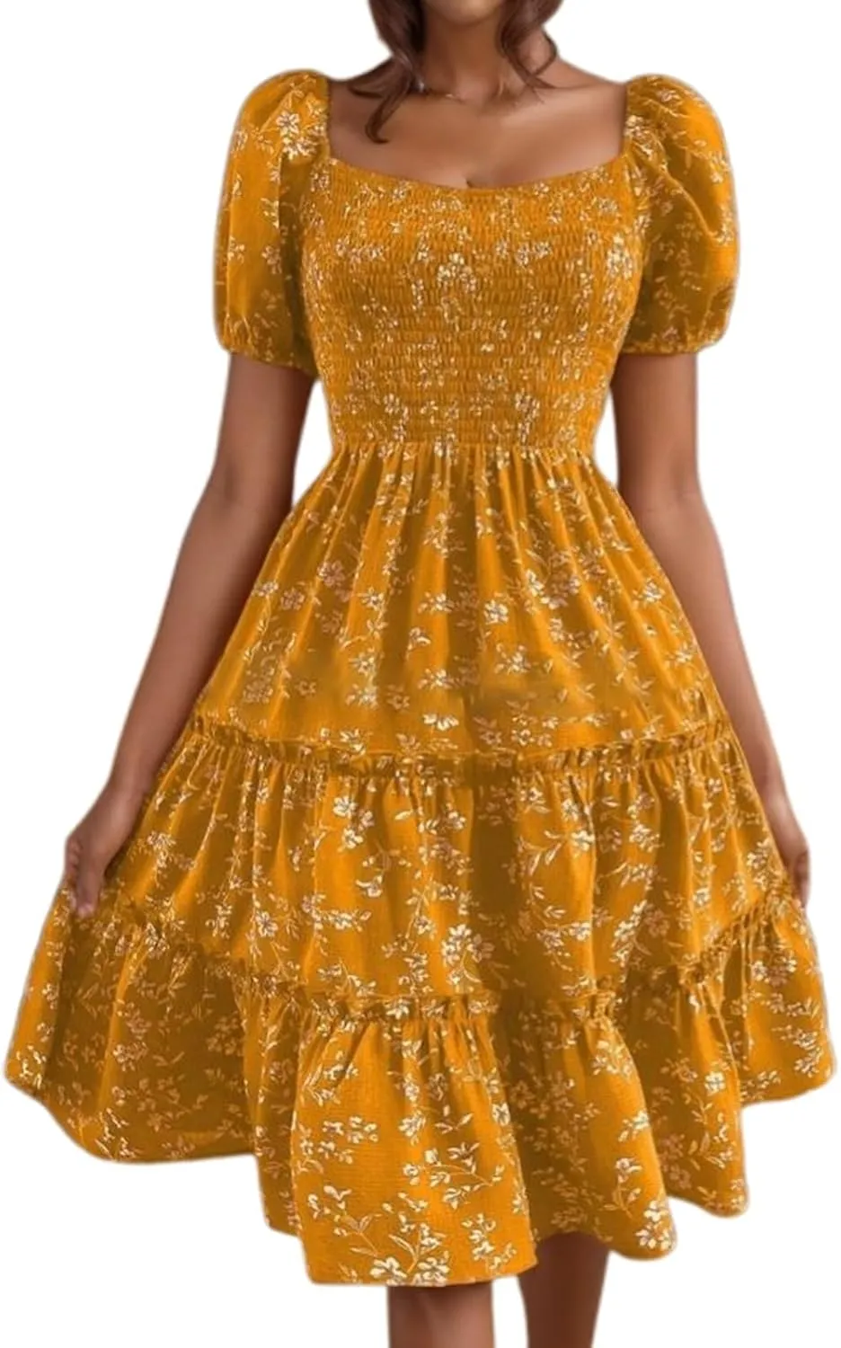Summer Flower Dresses for Women 2025 Square Neck Puff Short Sleeve Boho Midi Dress Ruffle Beach Vacation A-Line Sundress