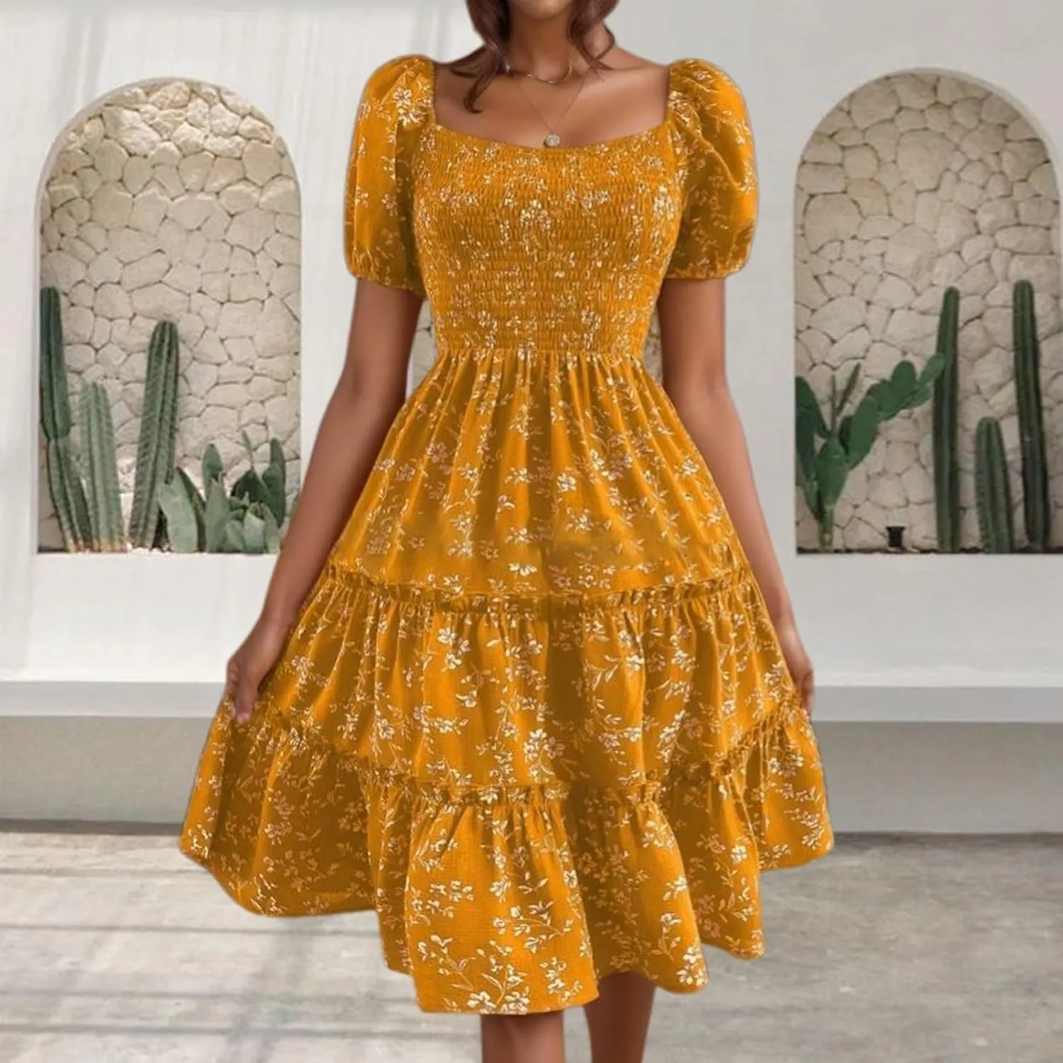 Summer Flower Dresses for Women 2025 Square Neck Puff Short Sleeve Boho Midi Dress Ruffle Beach Vacation A-Line Sundress