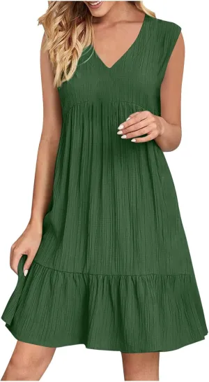 Summer Mini Dress for Women 2025 Pleated Ruffle Dresses Sleeveless V Neck Patchwork Sundress Beach Vacation Outfits