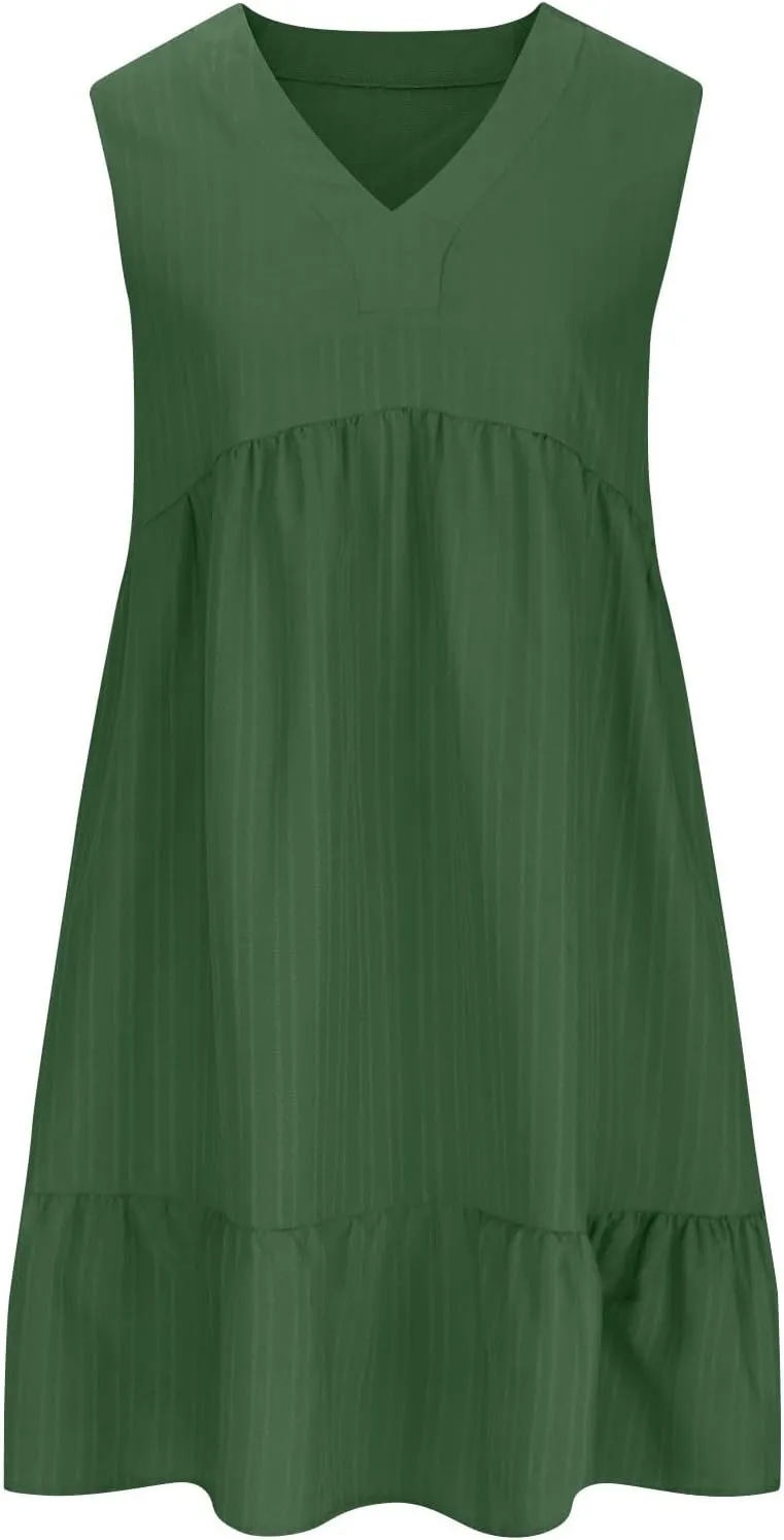 Summer Mini Dress for Women 2025 Pleated Ruffle Dresses Sleeveless V Neck Patchwork Sundress Beach Vacation Outfits
