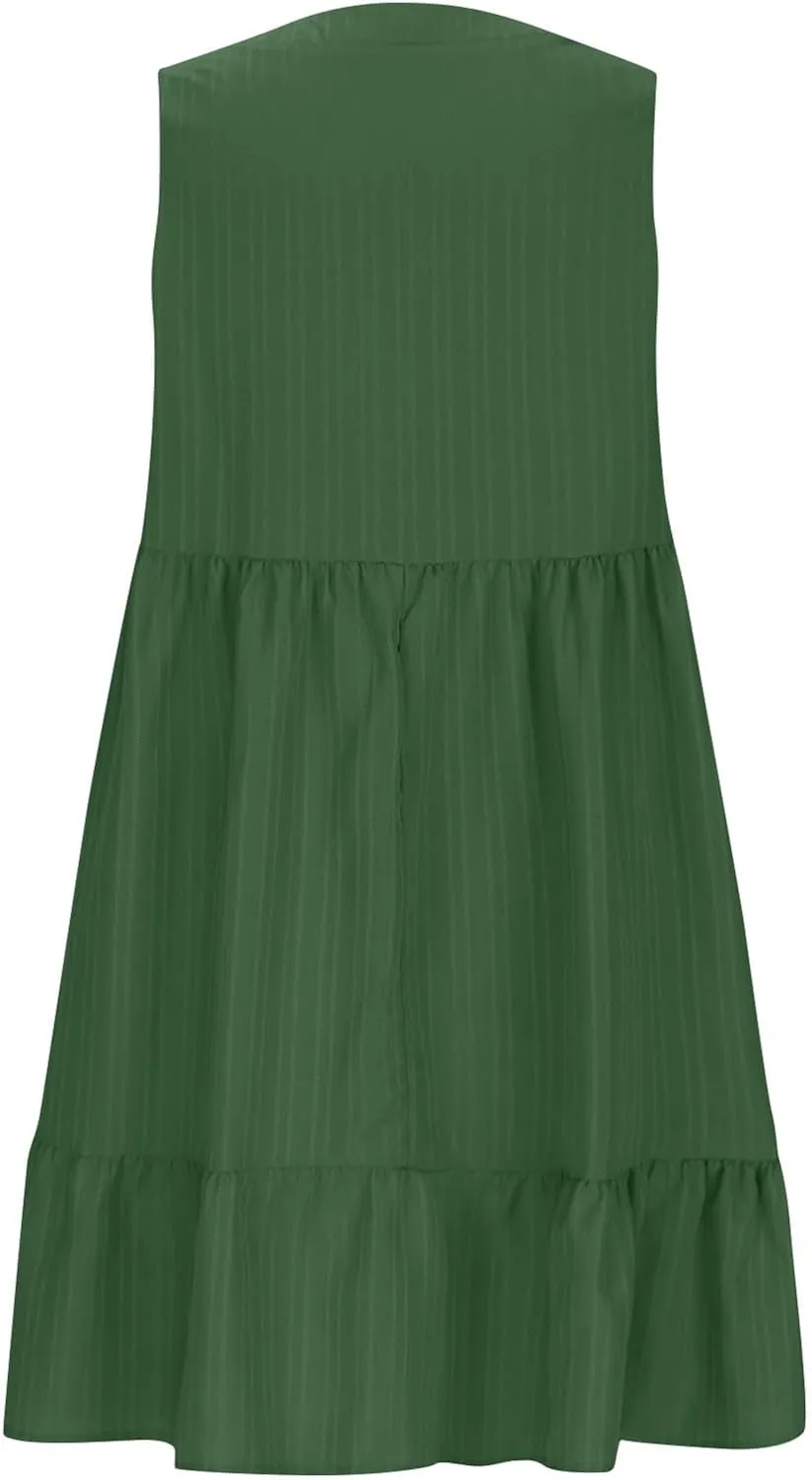 Summer Mini Dress for Women 2025 Pleated Ruffle Dresses Sleeveless V Neck Patchwork Sundress Beach Vacation Outfits