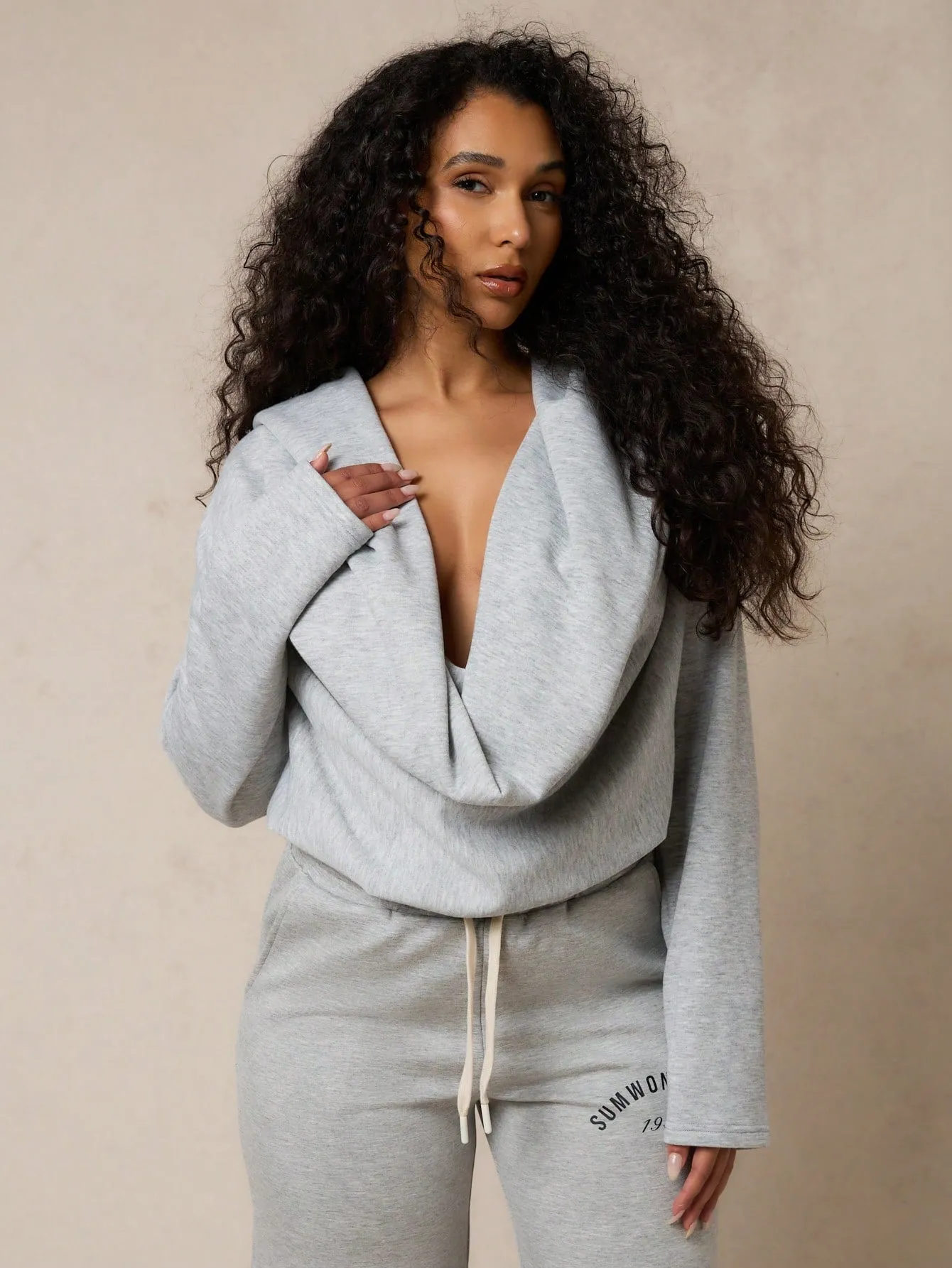 SUMWON WOMEN Plunge Cowl Neck Hooded Sweatshirt