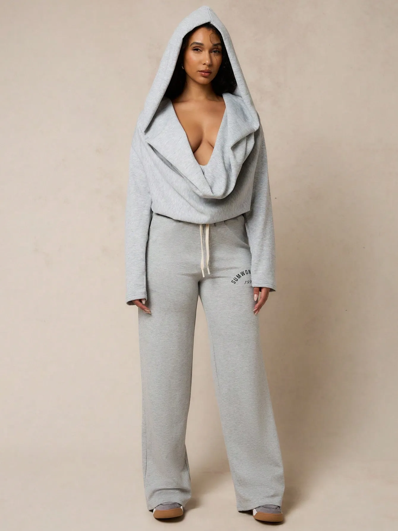 SUMWON WOMEN Plunge Cowl Neck Hooded Sweatshirt