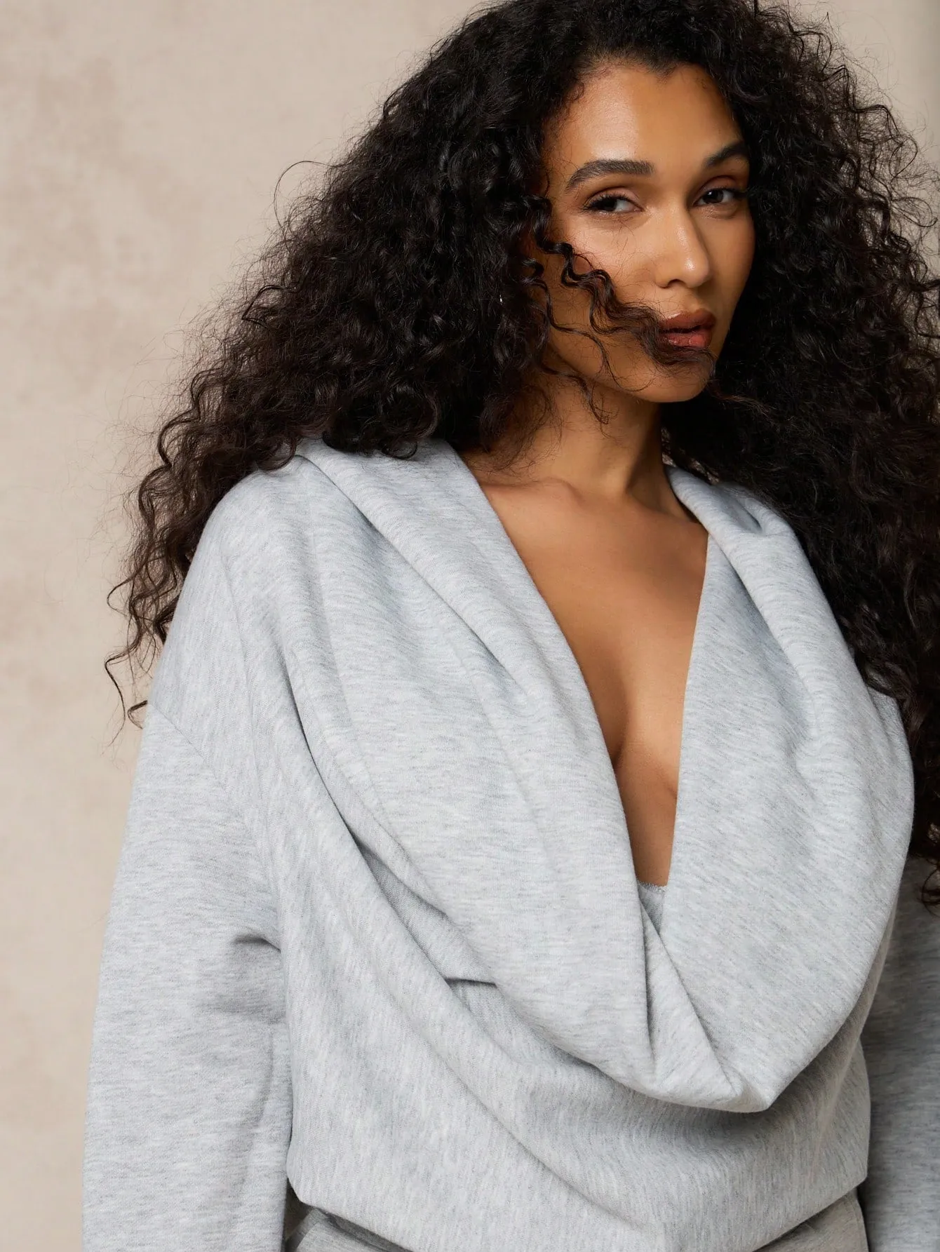 SUMWON WOMEN Plunge Cowl Neck Hooded Sweatshirt