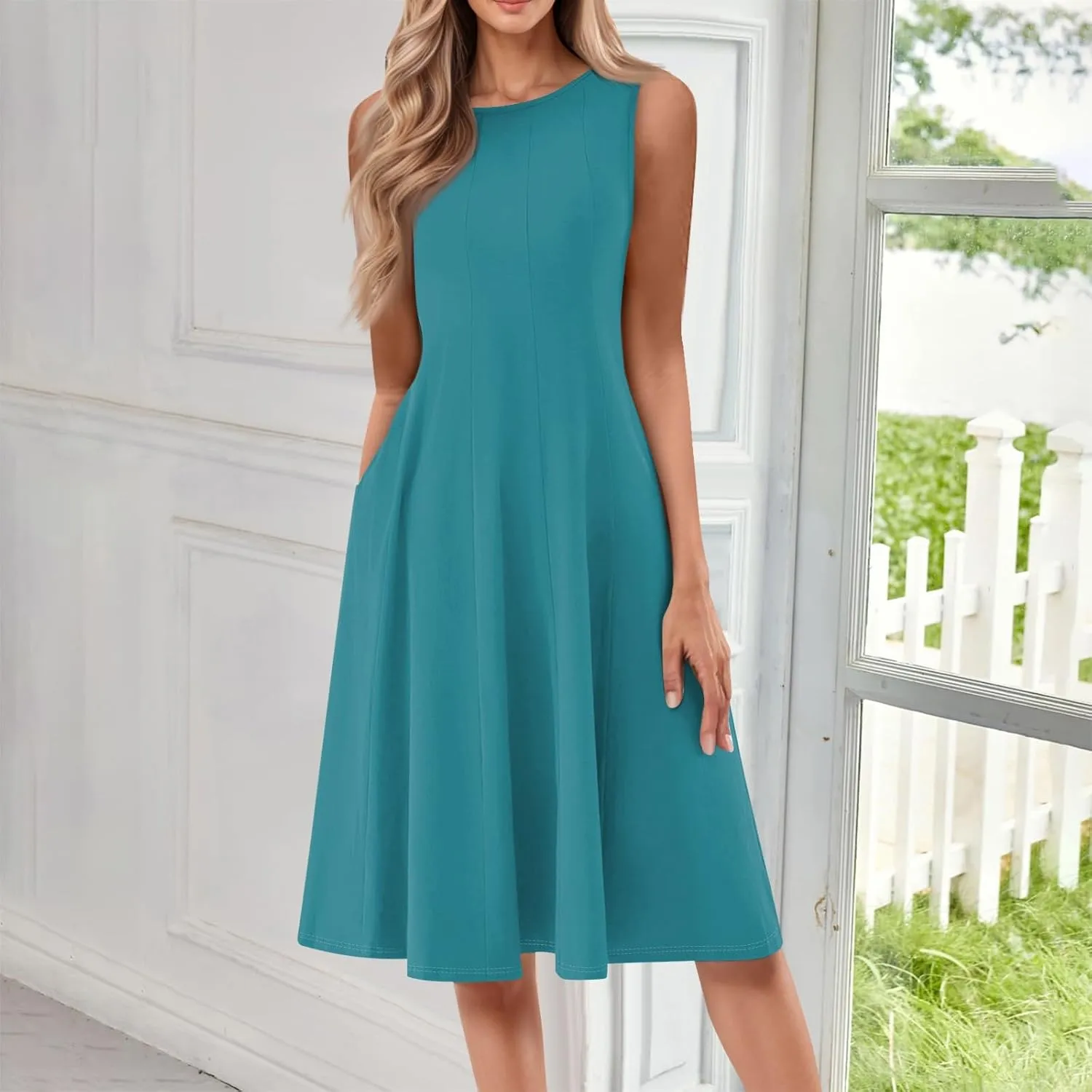 Sundresses for Women 2025 Trendy Crewneck Sleeve Summer Dresses Flowy Midi Dress Fashion Beach Vacation Outfits