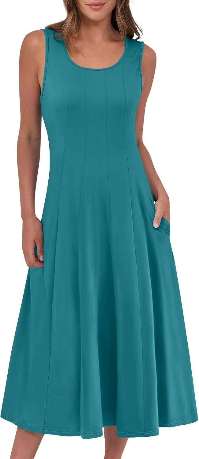 Sundresses for Women 2025 Trendy Crewneck Sleeve Summer Dresses Flowy Midi Dress Fashion Beach Vacation Outfits