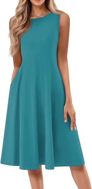 Sundresses for Women 2025 Trendy Crewneck Sleeve Summer Dresses Flowy Midi Dress Fashion Beach Vacation Outfits