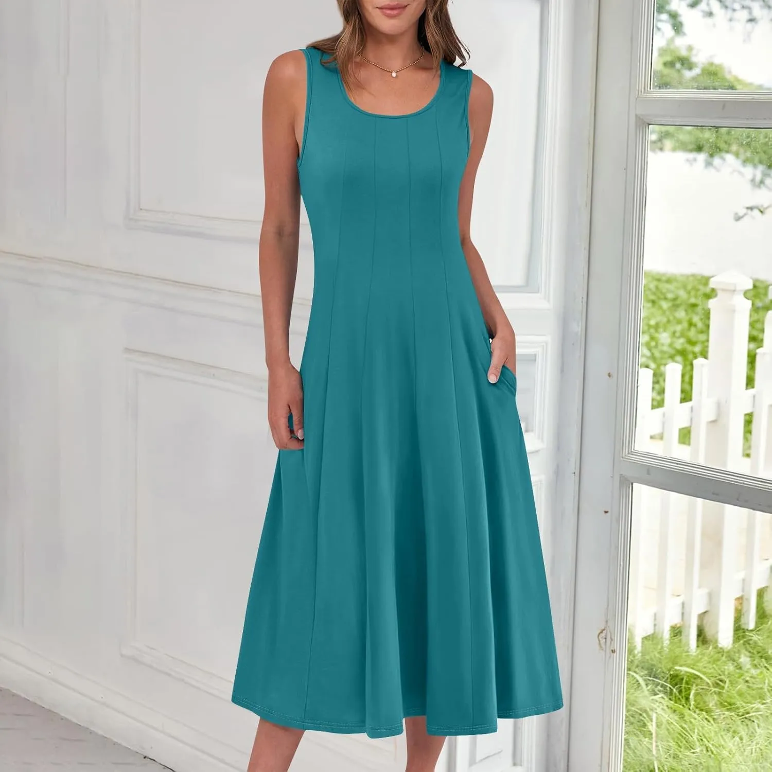Sundresses for Women 2025 Trendy Crewneck Sleeve Summer Dresses Flowy Midi Dress Fashion Beach Vacation Outfits